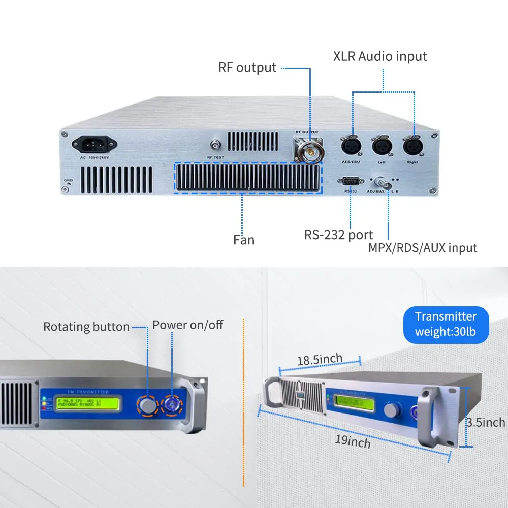 1000W FM Radio Transmitter for Broadcasting, 1000 Watt Professional FM Broadcast Transmitter, 1KW Long Range Fcc Certified for Church, Radio Station, Parking Lot, Home