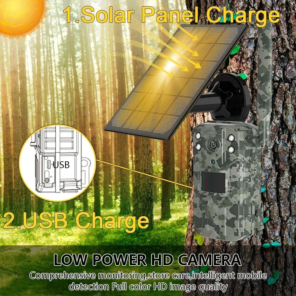 14MP 4G SIM Card Solar Hunting Trail Camera IP66 Waterproof 20M PIR Motion Detection Wildlife Camera IR Night Vision Device