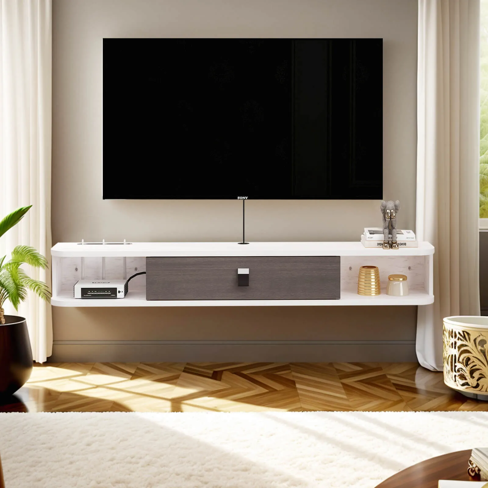 70" Eclan Floating TV Stand, Greyish White