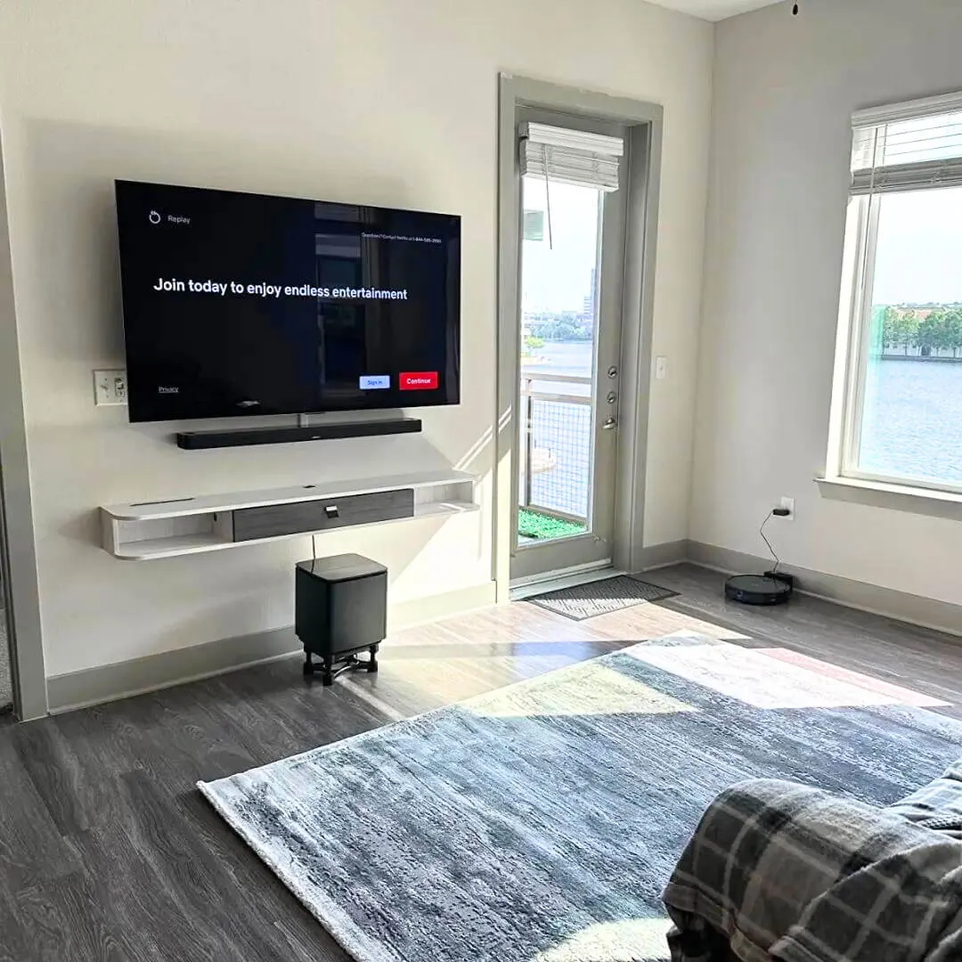 70" Eclan Floating TV Stand, Greyish White