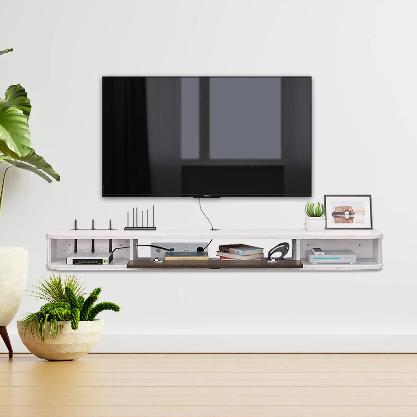 70" Eclan Floating TV Stand, Greyish White