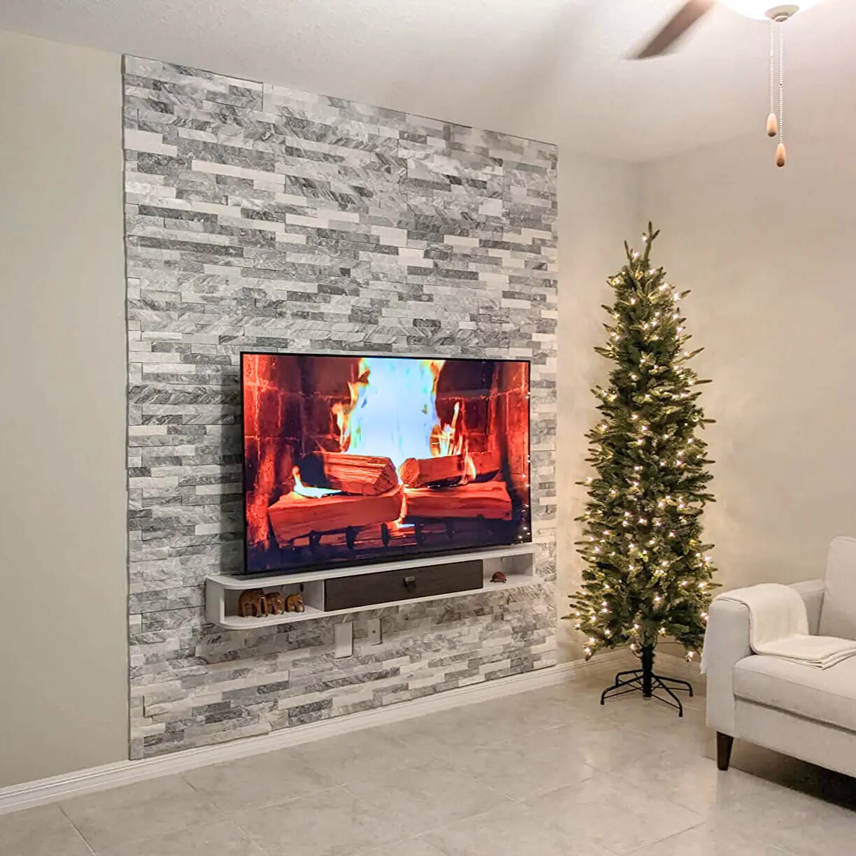 70" Eclan Floating TV Stand, Greyish White