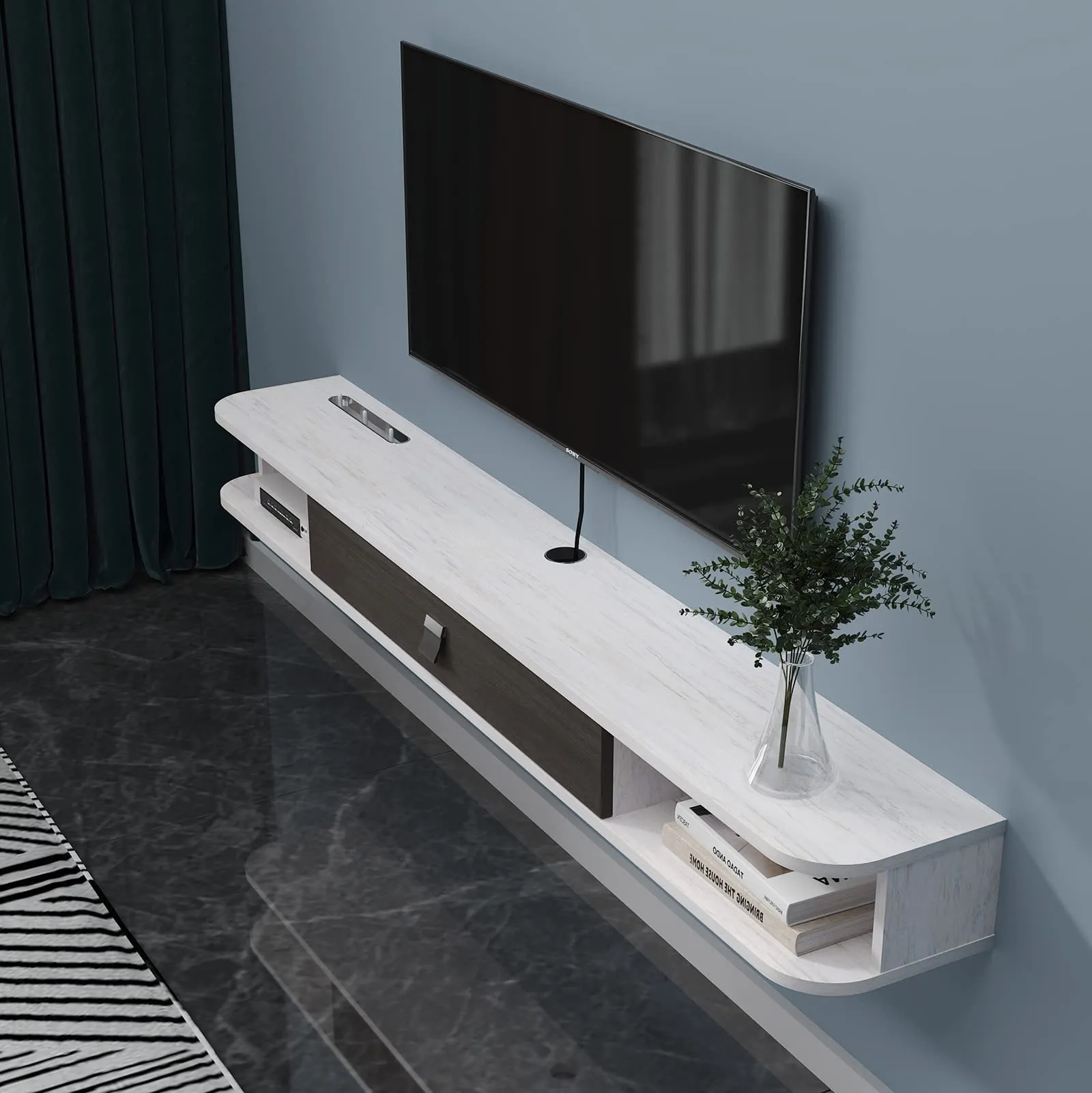 70" Eclan Floating TV Stand, Greyish White