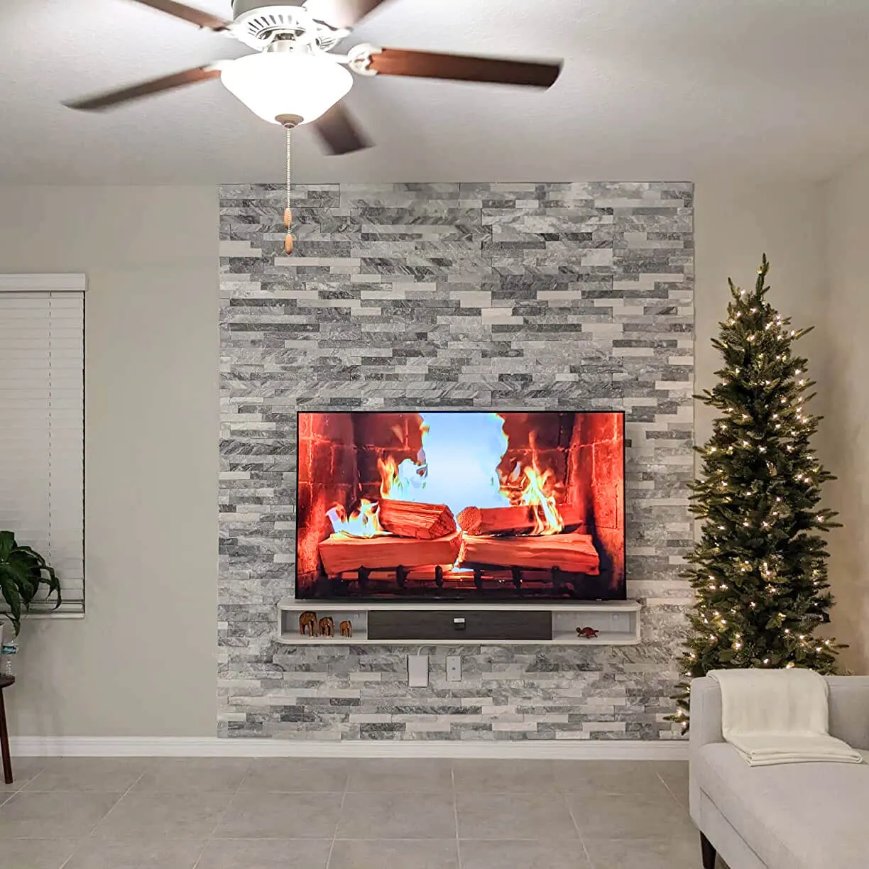 70" Eclan Floating TV Stand, Greyish White