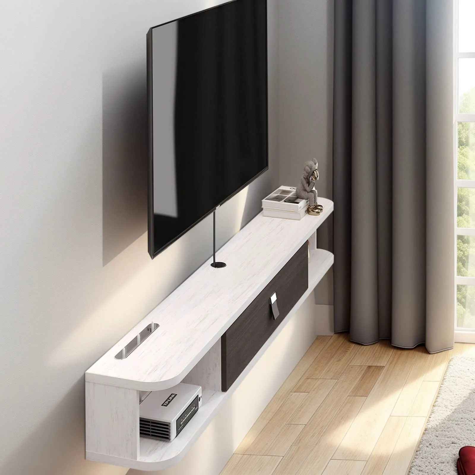 70" Eclan Floating TV Stand, Greyish White