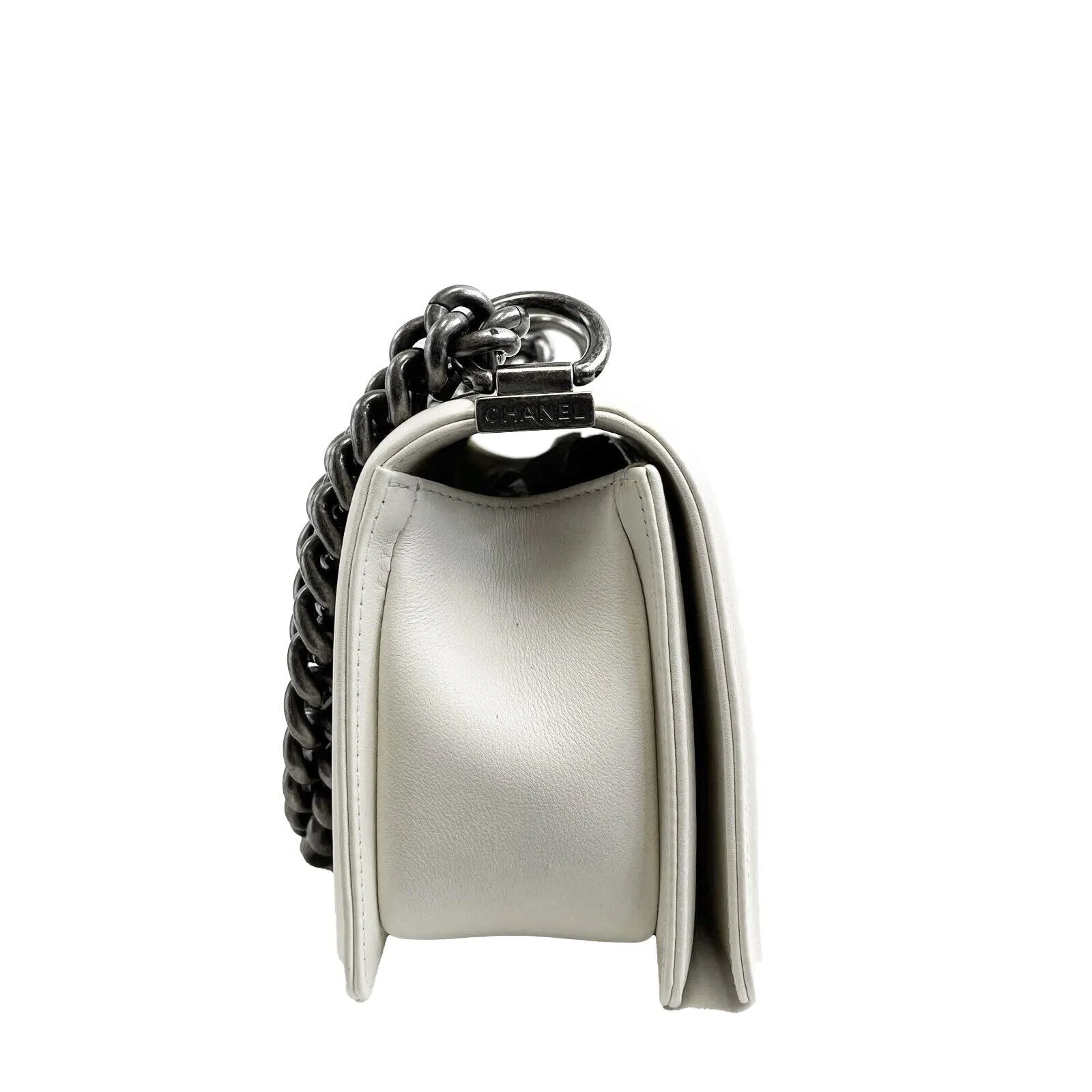 CHANEL Boy Flap Chevron Quilted White Shoulder Bag Mini