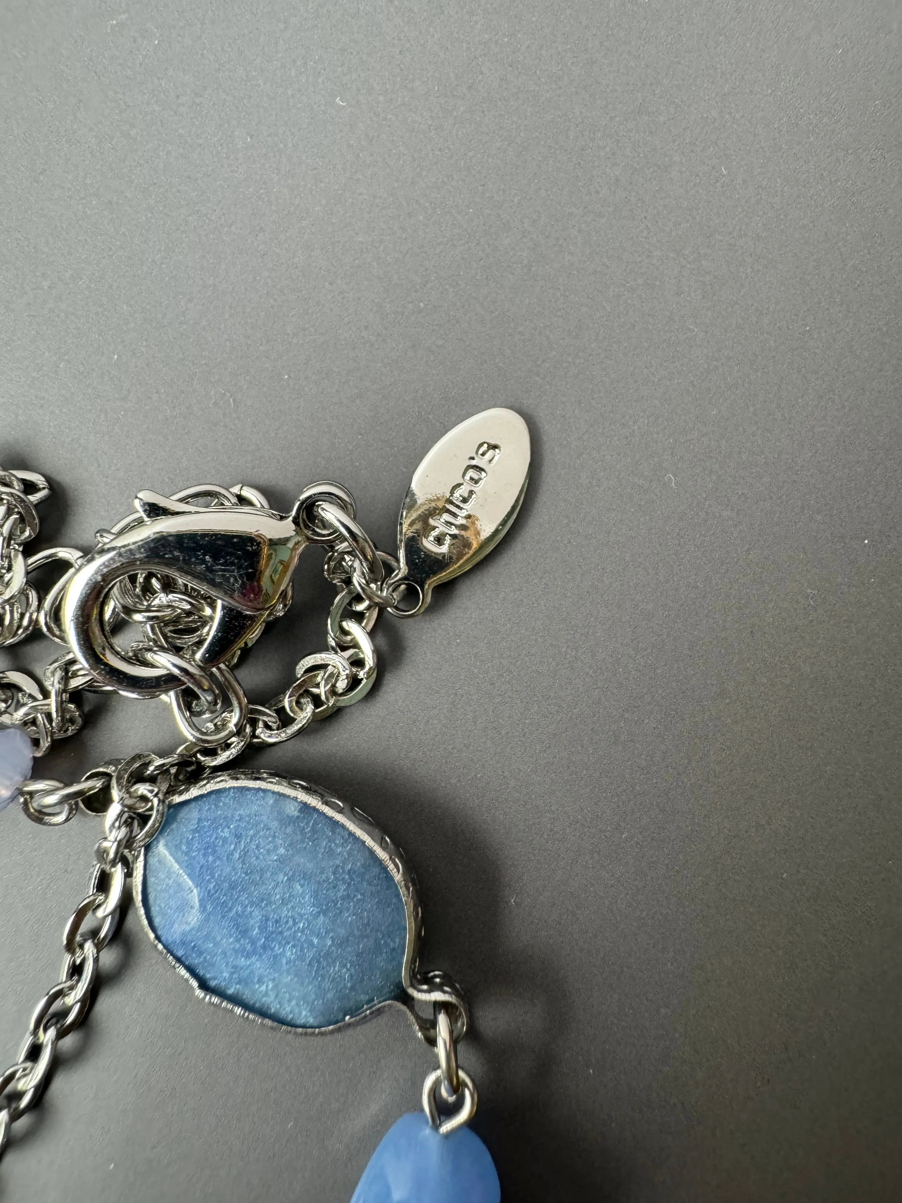 Chico’s Long Periwinkle & Navy Blue Stone Triple Charm Silver Tone Necklace