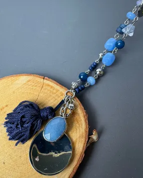 Chico’s Long Periwinkle & Navy Blue Stone Triple Charm Silver Tone Necklace