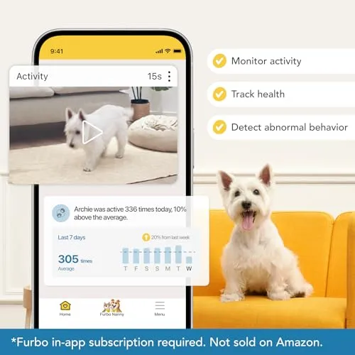 Furbo 360° Dog Camera   Nanny Bundle: Home Security & Dog Safety Alerts, Rotating Pet Treat Dispenser Camera with Speaker, Smart Home Indoor Cam w Phone App (Additional Subscription Required at Setup)