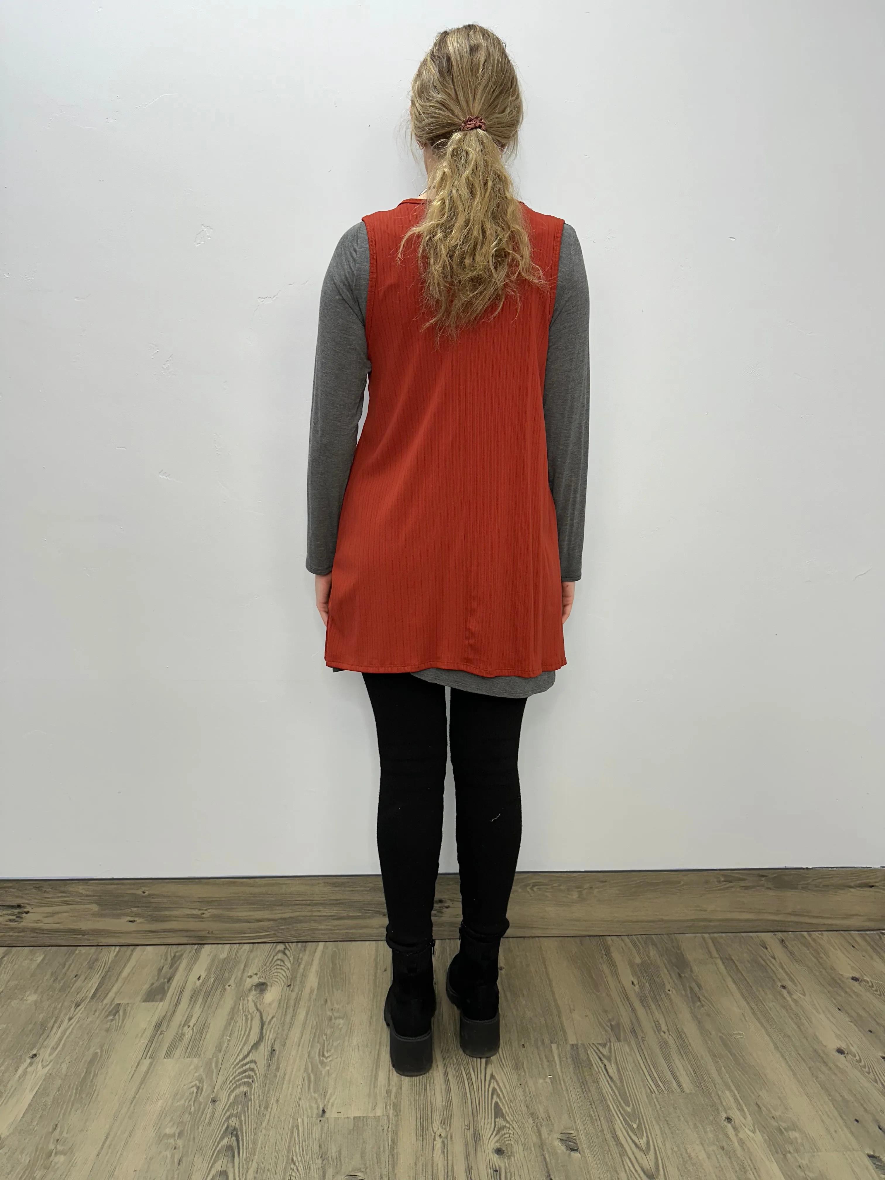 Modal One Button Vest with Pockets - Ribbed Paprika
