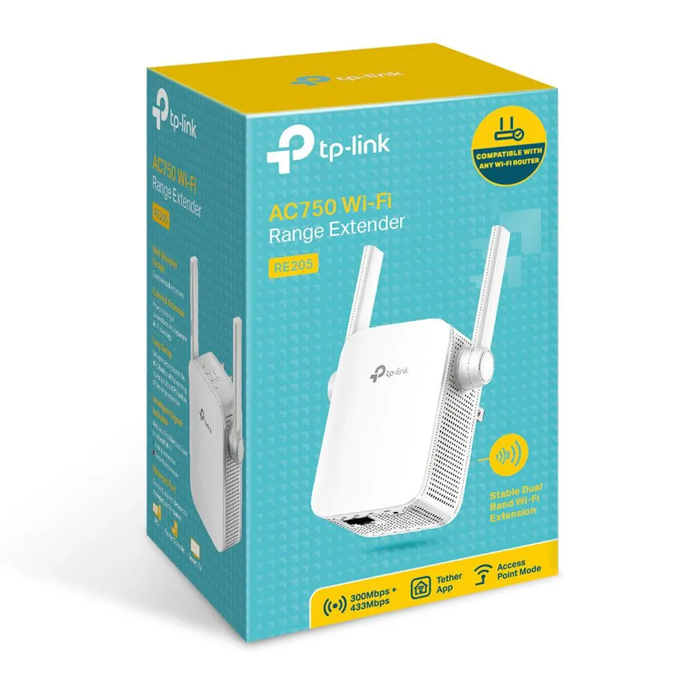 TP-Link RE205 AC750 Wi-Fi Range Extender 1 Port 2 Antenna 750Mbps