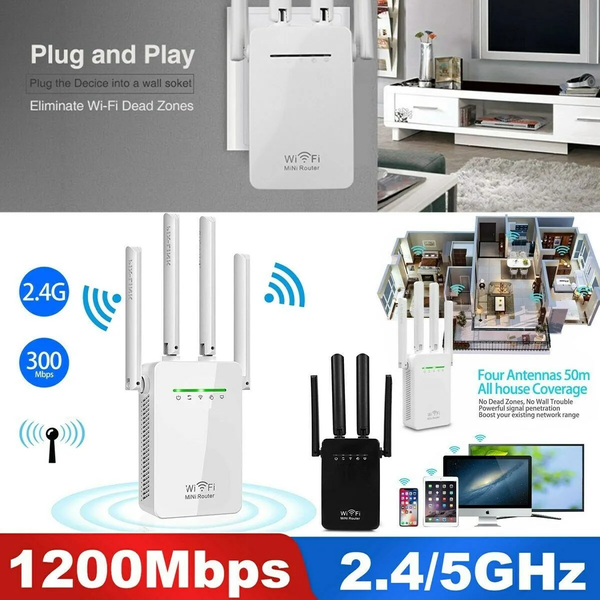 WiFi Range Extender Repeater Wireless Amplifier Router Signal Booster upto 1200Mbps
